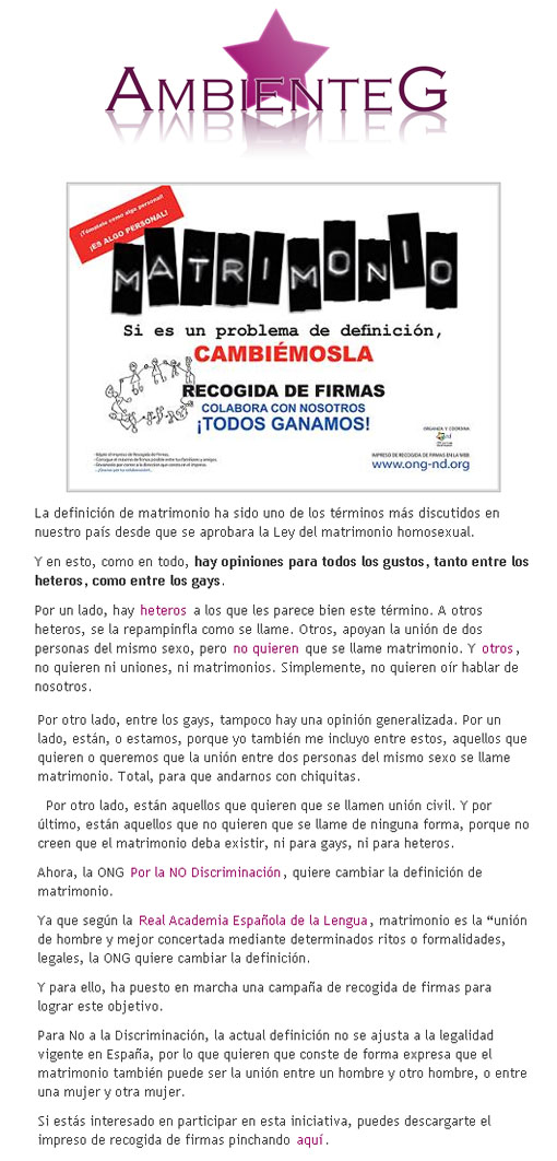 Matrimonio. Cambiemos su definión. Recogida de firmas de la ONG POR LA NO DISCRIMINACIÓN