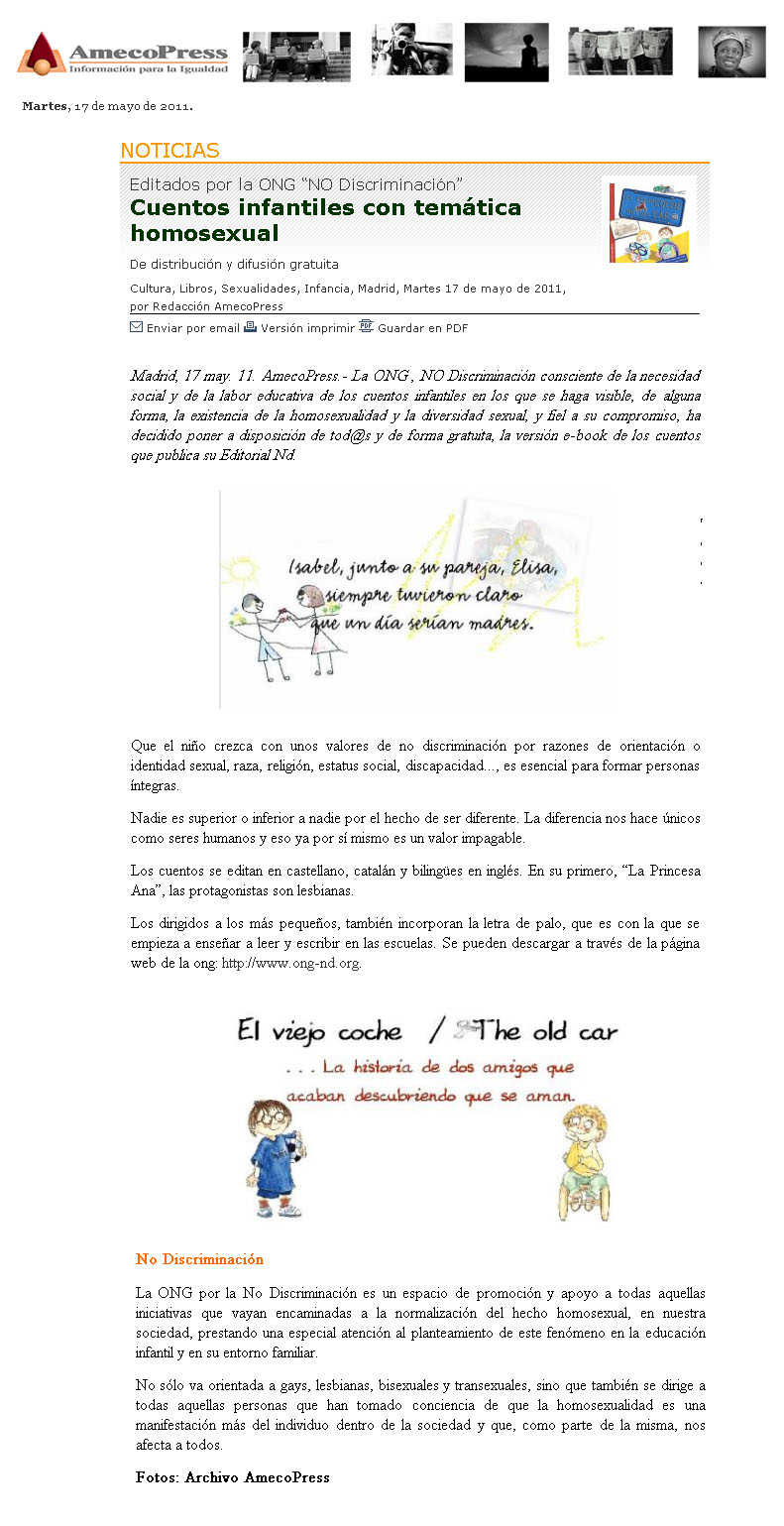 ONG POR LA NO DISCRIMINACION - Cuentos infantiles que tratan la homosexualidad a disposición pública y gratuita