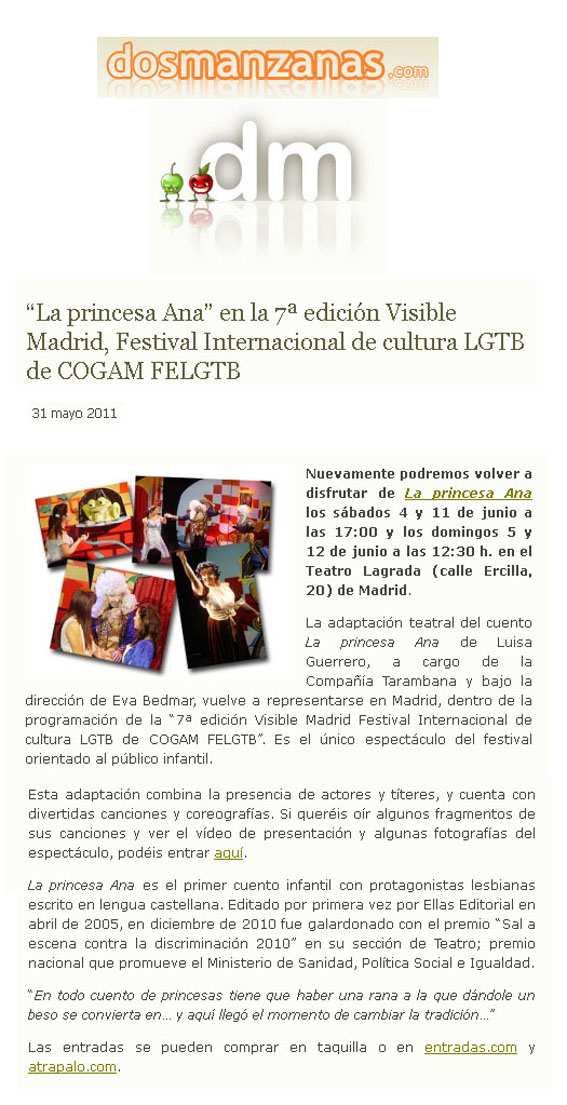 “La princesa Ana” en la 7ª edición Visible Madrid, Festival Internacional de cultura LGTB de COGAM FELGTB