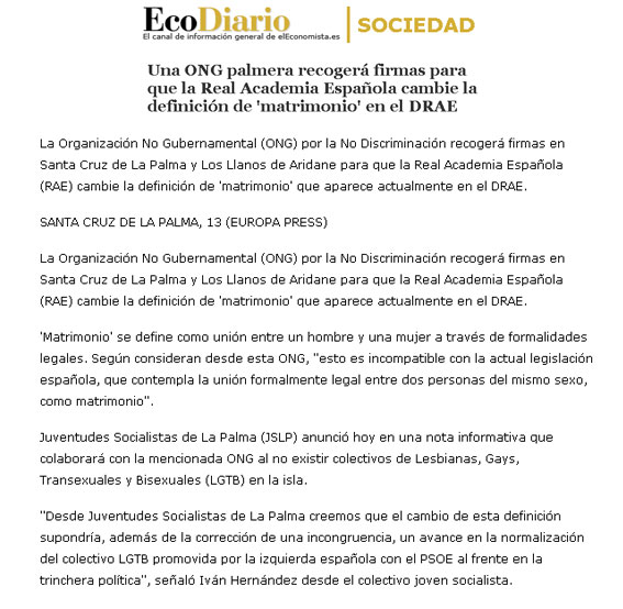 Una ONG recogerá firmas para que la RAE cambie la definición de matrimonio