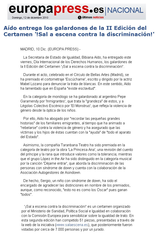 Aido entrega galardones "Sal a escena contra la discriminación"